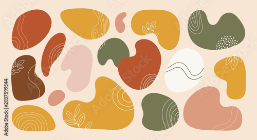 Abstract Organic Shapes with Botanical Line Art on Beige Background