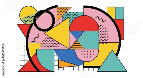 Retro Geometric Shapes Abstract Art, Memphis Style Design