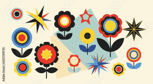 Retro Abstract Geometric Flowers and Stars Pattern