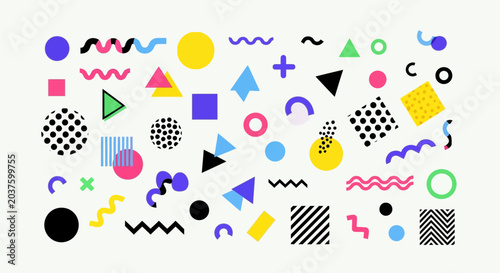 Retro Memphis Style Geometric Shapes and Patterns on White Background