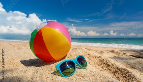 relaxing day at the beach with a colorful ball and sunglasses on sunny sand