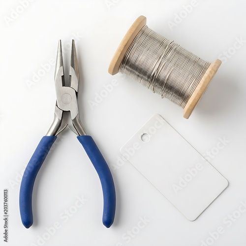 Artisan Jewelry Workshop Concept Mockup with Blank Display Tag Wire Spool and Pliers