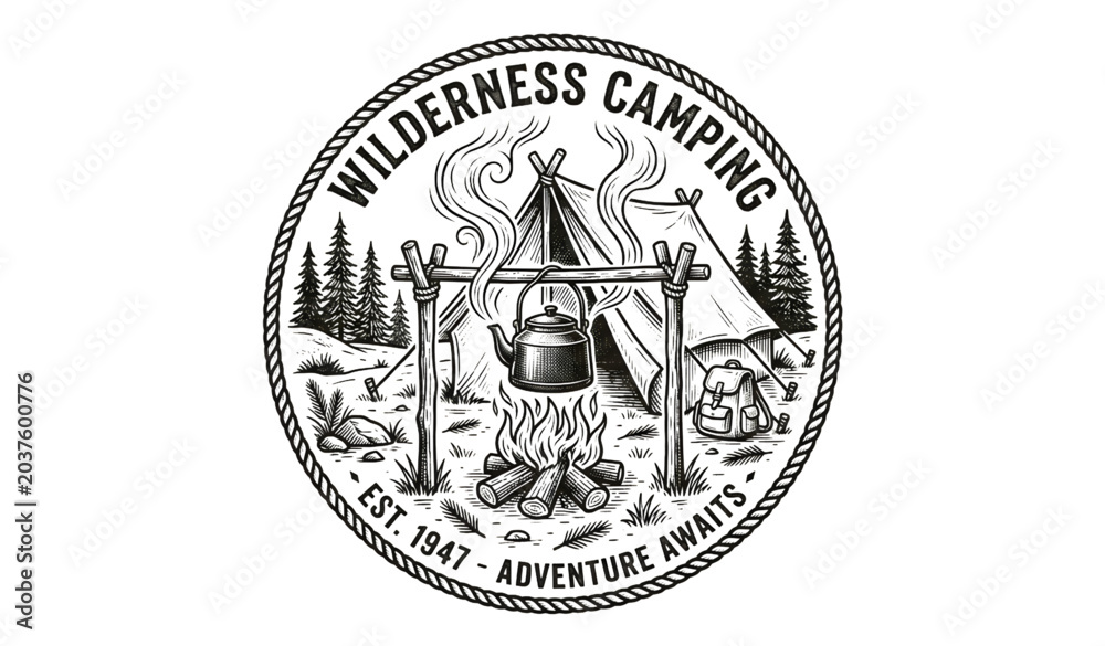 Fototapeta premium Vintage campfire kettle under tent outdoor camping vector illustration isolated on white