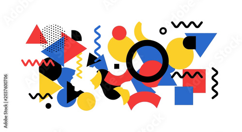 Abstract Geometric Shapes, Memphis Style Design, Bright Colors