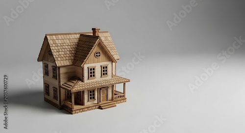 Small Wooden Model House with Porch and Chimney