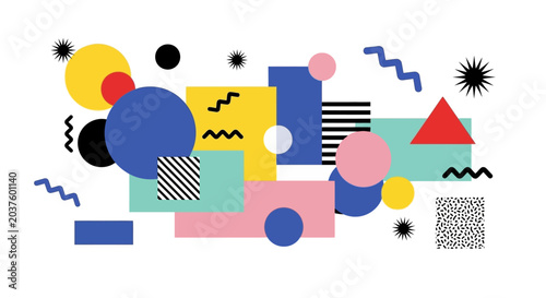 Retro Geometric Shapes Pattern, Memphis Style Art, Abstract Background