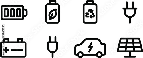 Obraz na plátne Green energy and electric vehicle icon set with battery charging solar panel eco recycling leaf electric plug and car outline