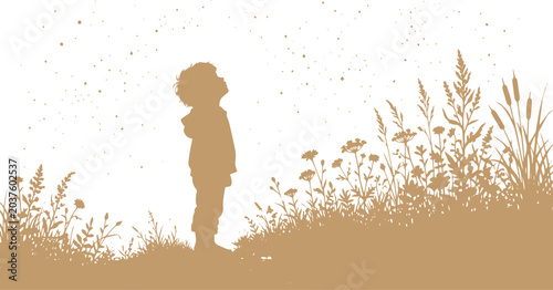 Foto Child silhouette looking up at the sky, a hopeful youth standing in a field of w
