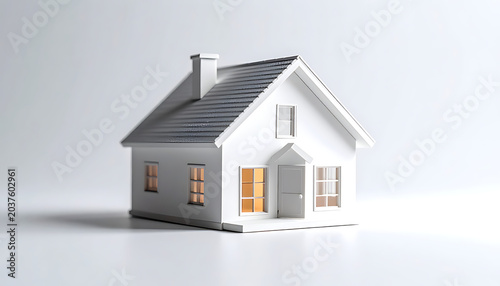 Small white toy house with illuminated windows on a plain grey background, representing housing or real estate concepts