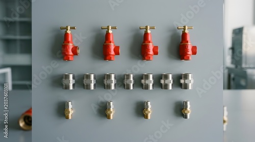 Four vibrant red shut-off valves and an assortment of metal pipe connectors meticulously arranged on a clean grey background, showcasing essential plumbing and industrial hardware components