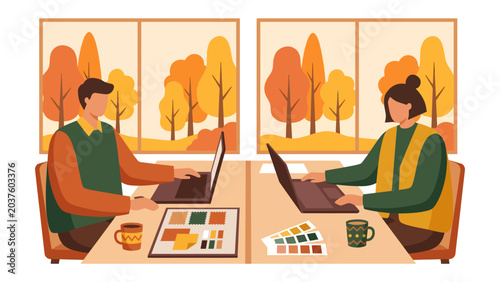 Foto Autumnal Workplace Ambience: Two designers collaborate at their laptops, surrounded by autumnal hues and scenic window views, fostering a creative and cozy work environment