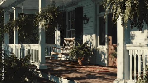 An American porch scene with a wooden rocking chair and lush hanging ferns