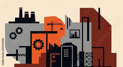 Industrial graphic illustration, modern factory complex, urban construction site
