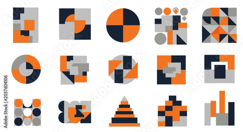 Geometric Abstract Shapes, Orange, Grey, Blue, Modern Design Tiles