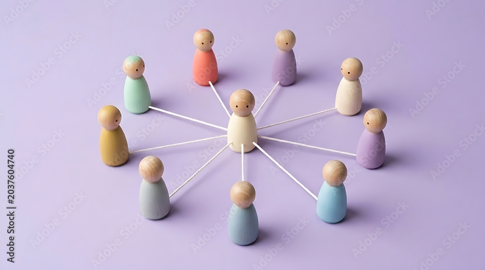 Obraz premium Wooden peg dolls connected by white strings representing a central leader and team network on purple background