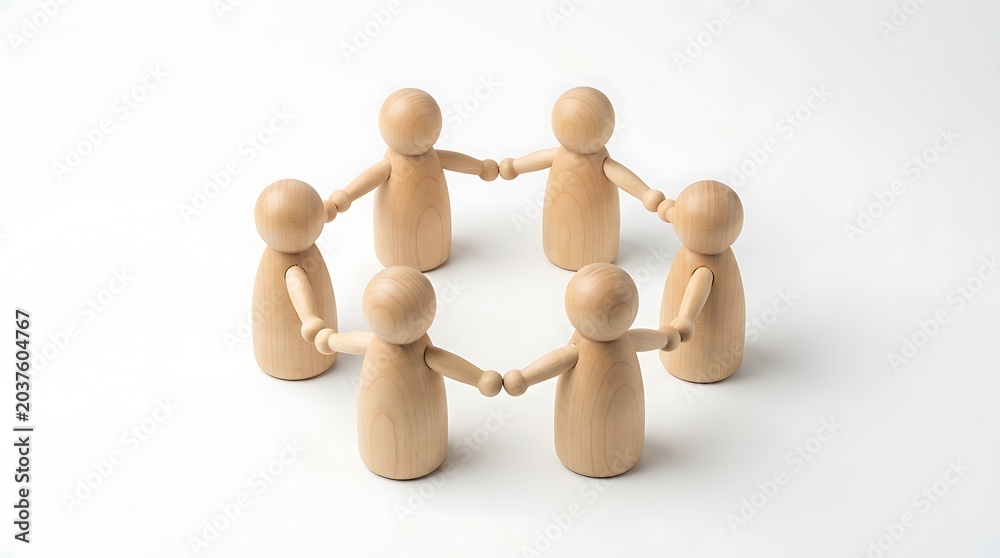 Obraz premium Wooden peg dolls holding hands in a circle representing teamwork unity and community support on white background