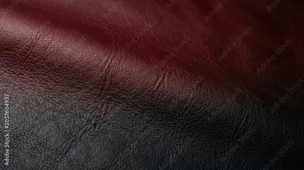 Fototapeta premium Close up of dark burgundy and black leather texture background with natural grain and soft folds.