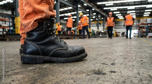 Close up of a black safety boot worn by a worker in a large industrial warehouse setting.