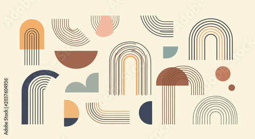 Boho Abstract Shapes, Arches, Rainbows, Geometric Patterns, Beige Background