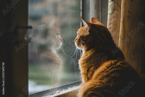 realistic cat sitting by window watching outside, soft daylight, peaceful indoor scene, minimal composition, high detail, lifestyle stock image
