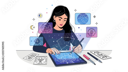 Foto Woman Digitally Illustrating Constellations: A focused young woman artist uses a digital tablet and stylus to create an intricate illustration of constellations and celestial bodies