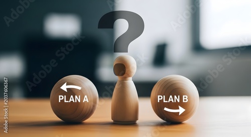 Obraz na płótnie Wooden figures decide between plan A and plan B with question mark
