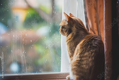 realistic cat sitting by window watching outside, soft daylight, peaceful indoor scene, minimal composition, high detail, lifestyle stock image