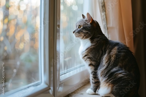 realistic cat sitting by window watching outside, soft daylight, peaceful indoor scene, minimal composition, high detail, lifestyle stock image