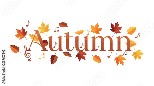 Bild auf Leinwand Autumn's Melody: The word Autumn is elegantly rendered amidst a scattering of falling maple leaves in warm hues of orange, yellow, and brown, interspersed with musical notes