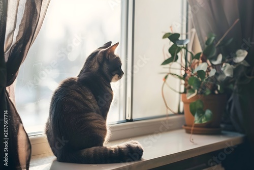 realistic cat sitting by window watching outside, soft daylight, peaceful indoor scene, minimal composition, high detail, lifestyle stock image