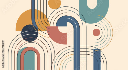 Abstract geometric shapes, mid-century modern art, pastel colors, graphic background