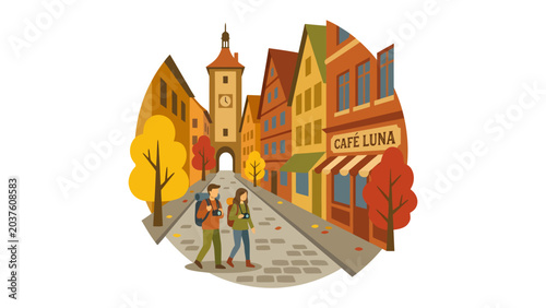 Canvas-taulu Autumnal Exploration: A couple with backpacks strolls through a charming European town with colorful buildings, a clock tower, and trees ablaze in fall foliage