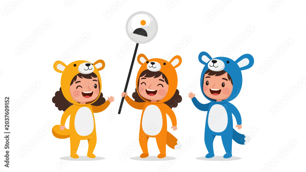 Fototapeta premium Costumed Fun: Three cheerful children in adorable animal costumes share a moment of playful joy, holding a sign with a frowning face amidst their bright outfits.