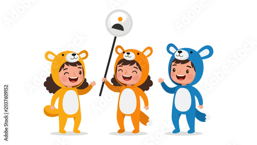 Tableau sur toile Costumed Fun: Three cheerful children in adorable animal costumes share a moment of playful joy, holding a sign with a frowning face amidst their bright outfits