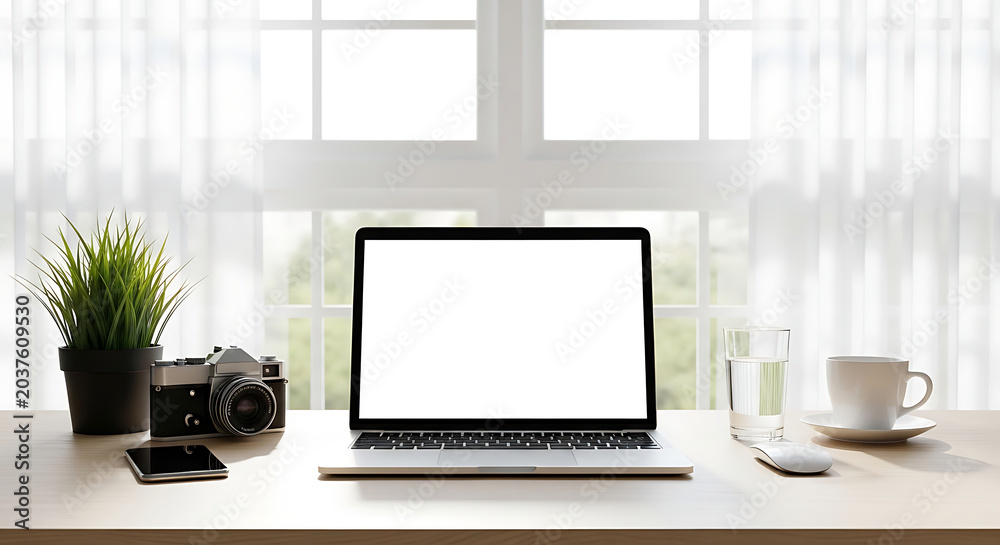 Fototapeta premium Laptop camera phone plant glass of water and coffee cup on desk
