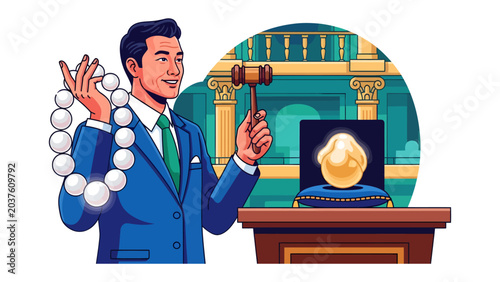 Tableau sur toile Auctioneer with Pearls and Gavel: A dapper auctioneer presents a strand of lustrous pearls while holding a gavel, with a rare, oversized pearl displayed in a velvet-lined case on a podium
