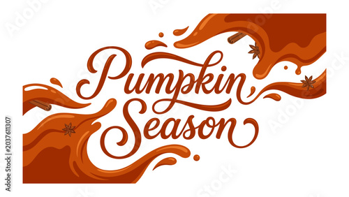 Photos Pumpkin Season Calligraphy: The words Pumpkin Season are elegantly rendered in a cursive font, surrounded by swirling autumnal flavors and spice accents, perfect for fall promotions