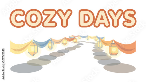 Quadro em tela Cozy Days Ahead: A charming illustrated pathway adorned with festive lanterns and decorative fabric panels leads onward, evoking a sense of warmth and welcoming comfort