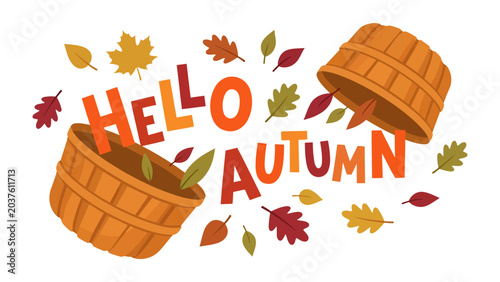Photos Hello Autumn Festive Greeting: A cheerful typographic design announces the arrival of autumn, adorned with falling leaves and overflowing baskets, evoking the cozy spirit of the season