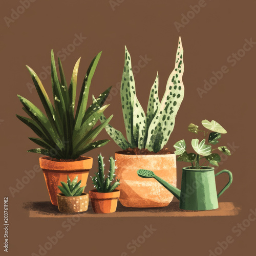 Decorative potted cacti and succulents with gardening tools