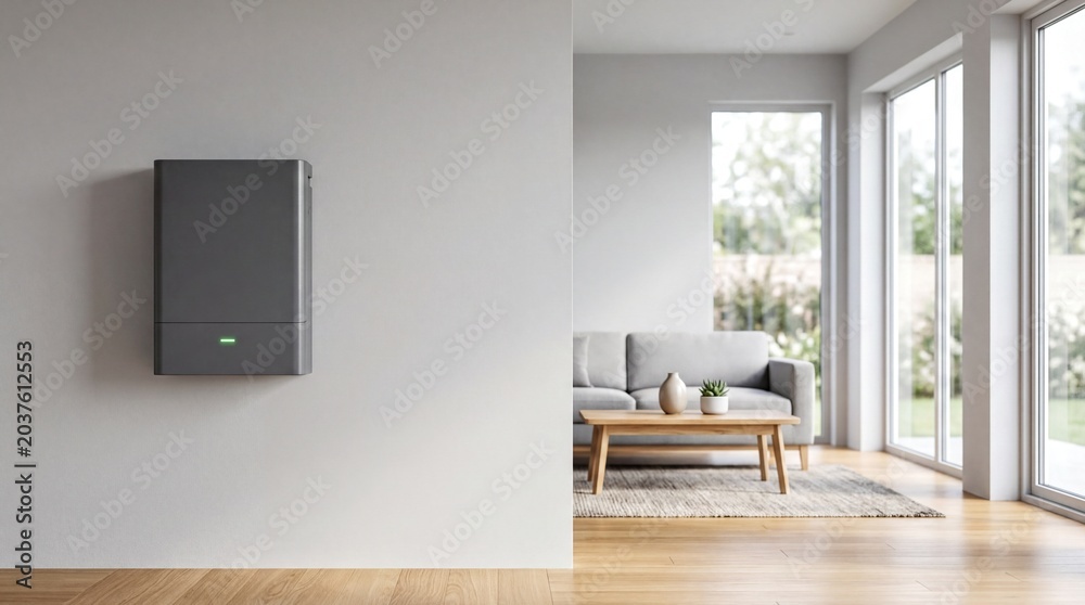 Fototapeta premium Modern Home Solar Battery Storage Unit on Wall in Bright Minimalist Living Room