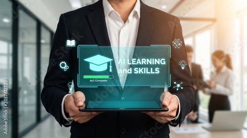 Businessman holding tablet with online learning and skills concept in modern office