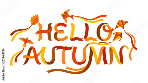 Schilderij op canvas Hello Autumn Graphic: Festive lettering announces the arrival of autumn, adorned with flying kites and swirling ribbons, evoking the vibrant spirit of the season