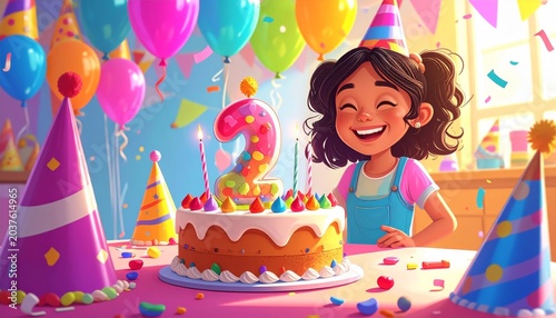Joyful girl celebrating her second birthday with a number two cake and colorful decorations
