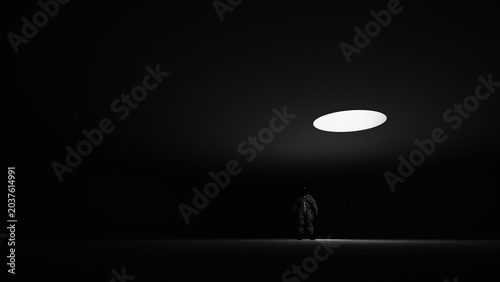 Dramatic Standing Astronaut Spacesuit Escape Suit Dark Background Sci Fi Mysterious Spotlight Isolated Figure Glowing Light Portal 3d illustration
