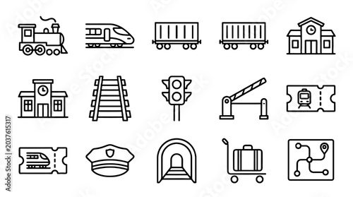 Foto Railway transport outline icon set with trains and station symbols
