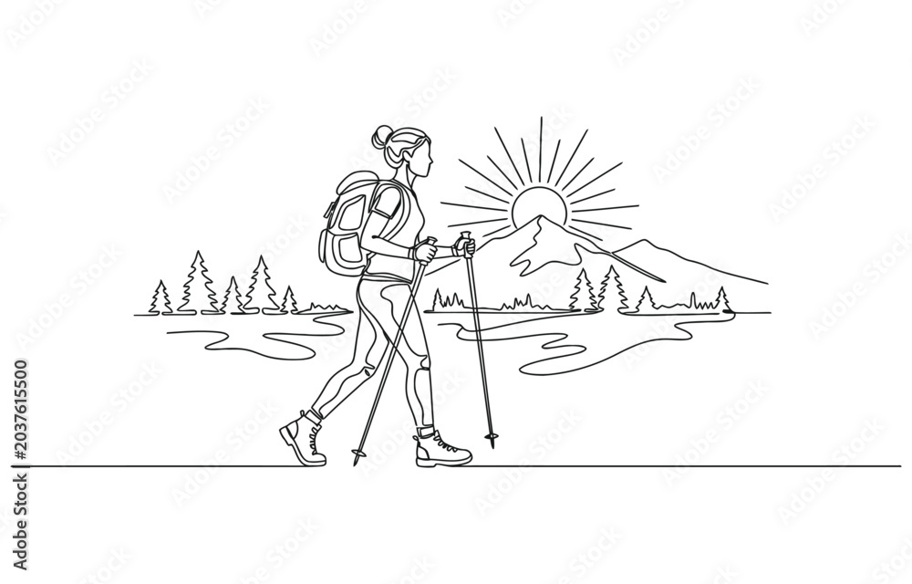 Fototapeta premium One Continuous drawn single art line doodle drawing sketch tourist hiking backpack picnic.