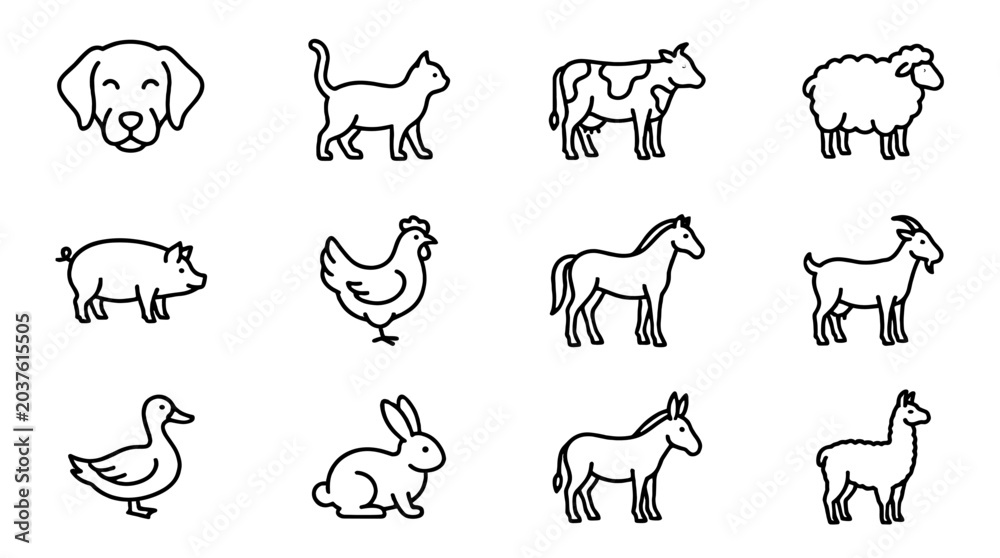 Fototapeta premium Set of outline icons of domesticated farm and pet animals
