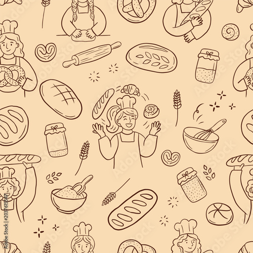 Seamless pattern with hand drawn female bakers and bread elements on beige background