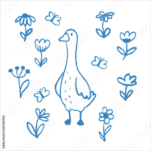 Cute hand drawn goose surrounded by flowers and butterflies in minimalist blue vector sketch style